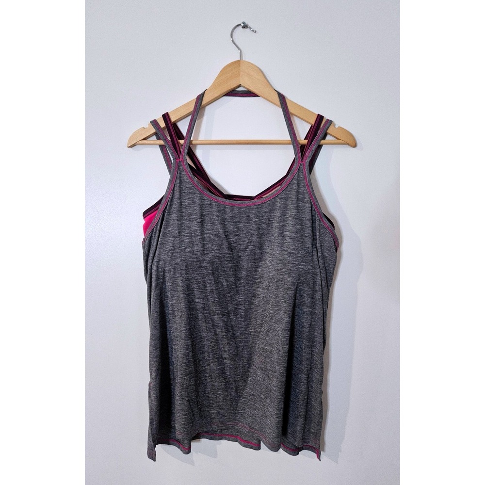 ATHLETA Strappy Built-In Bra Tank Top Heathered Gray Pink Purple Size L Medium - Picture 2 of 4